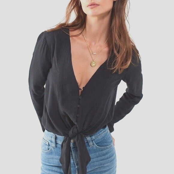 Silence + Noise Black Tie Front Button Up Relaxed Plunge V-Neck Long Sleeve Top - Picture 1 of 8